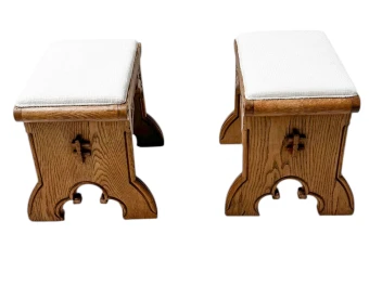 Arts & Crafts Hand-Carved Oak Stools with Boucle Upholstery, 1900s